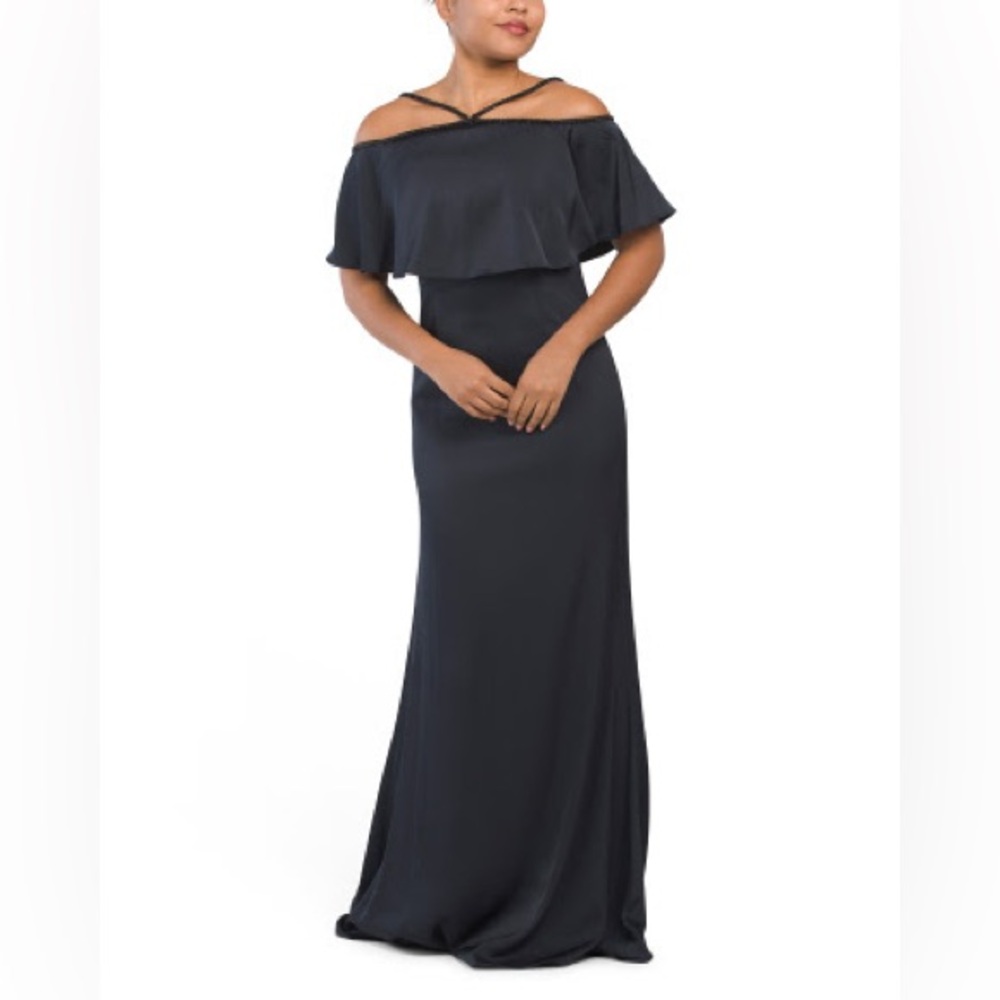 Aidan Mattox Flutter Sleeve Halter Gown – Size 8 – Twilight (Deep Navy)